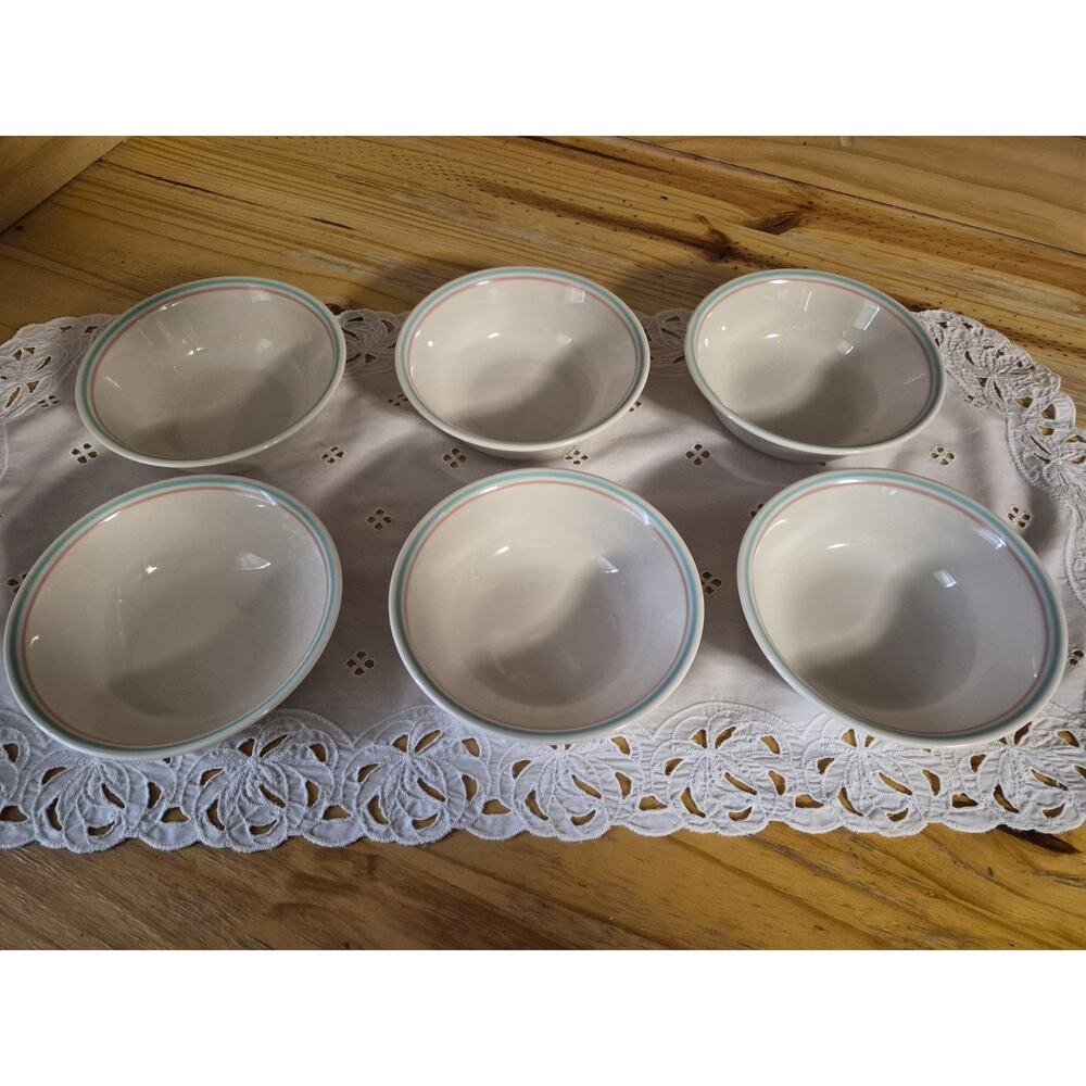 Set of 6 Corelle VTG "Forever Yours" Soup Bowls Sandstone Pink Teal 6 1/4"